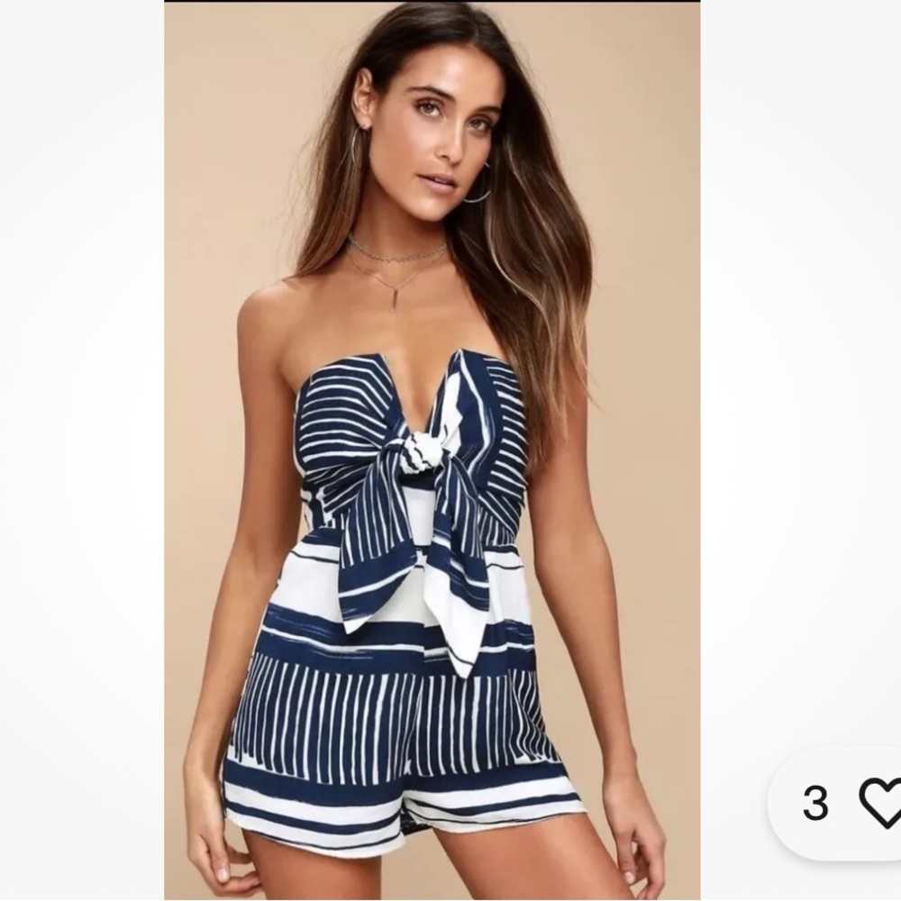 NWT Lulus Delphi Romper Playsuit Blue White Striped Tie Front Strapless Size L